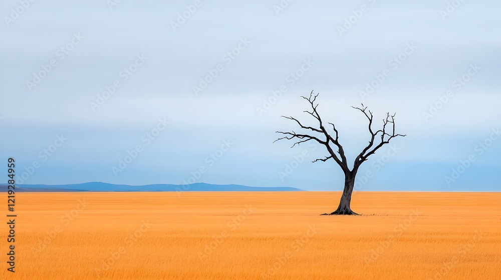 Fototapeta premium Solitary Gnarled Tree Standing Tall in Desolate Windswept Field Under Moody Storm-Filled Sky
