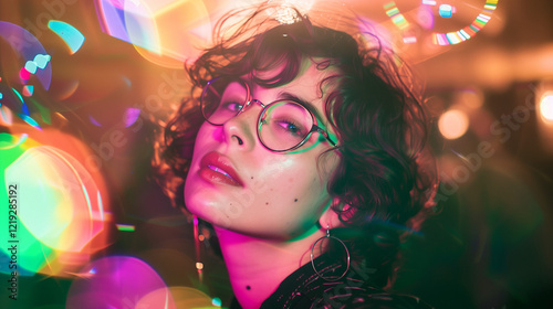 Portrait of a glamorous woman dancing in a nightclub with vibrant lights photo