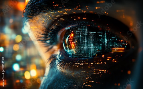 Futuristic eye watching from a matrix of data, with neon digital grids, holographic surveillance tools, and dark cybernetic elements, representing digital espionage