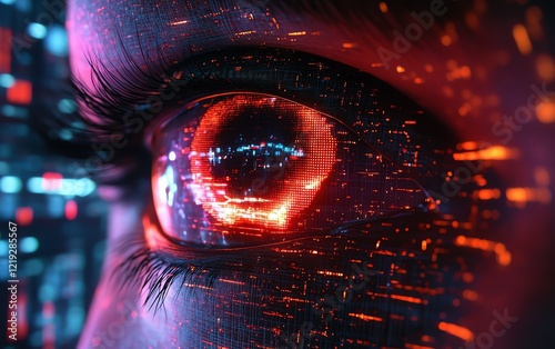 Futuristic eye watching from a matrix of data, with neon digital grids, holographic surveillance tools, and dark cybernetic elements, representing digital espionage