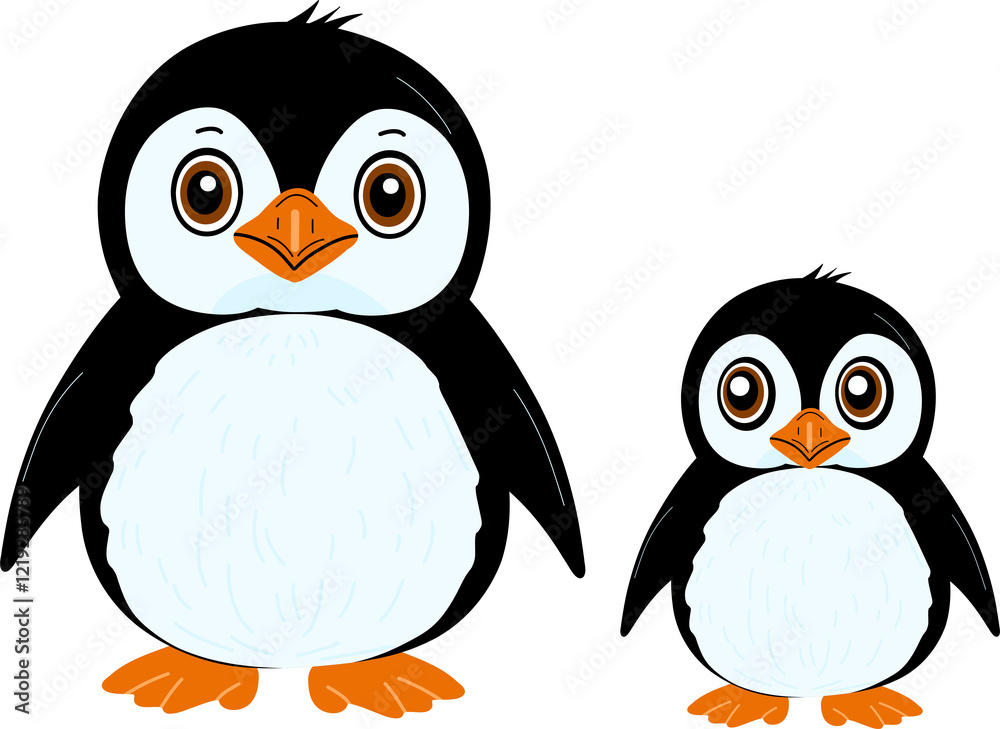 Fototapeta premium Illustration features two cartoon penguins, a larger one and a smaller one, representing a parent and child. Their big expressive eyes, round bodies, and soft color palette make them perfect for chil