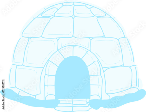 A house made of ice blocks with a rounded dome shape and an arched entrance. The light blue color and minimalist design make it ideal for winter-themed projects, children's illustrations, educational 