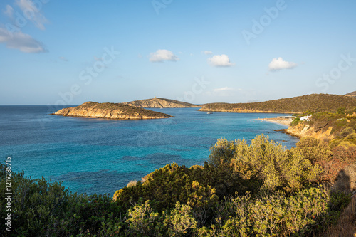 Obraz na płótnie Aerial view of Tuerredda bay with the beach of fine sand and transparent blue and turquoise water w salonie