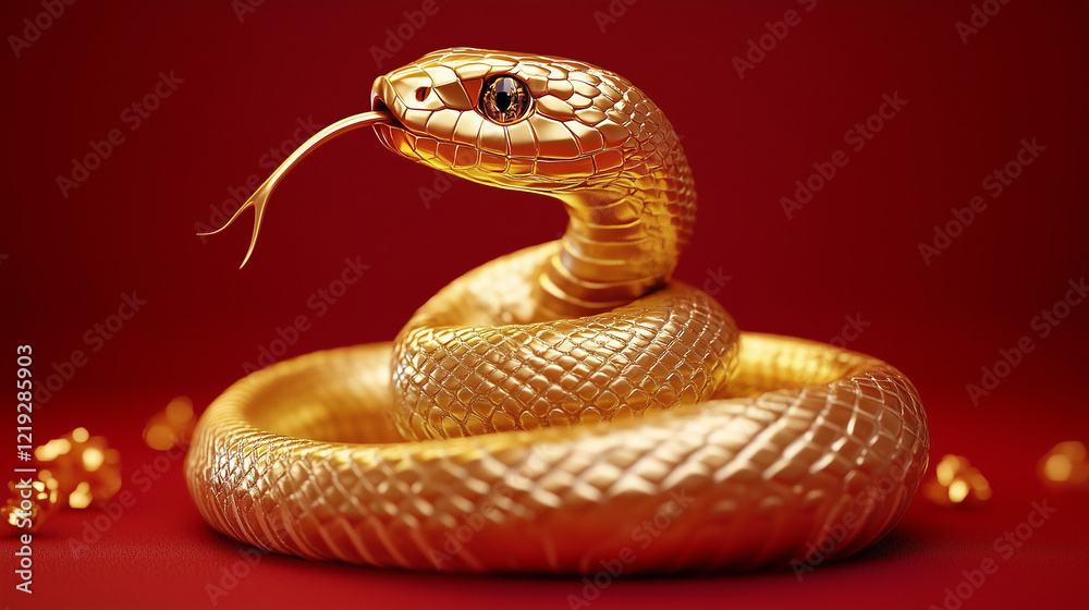 Fototapeta premium Illustration Friendly and cute, plump golden velvet baby snake sculpture, plain red Chinese New Year background, style, plain background, micro, special lighting, photography, realistic, cinematic, de