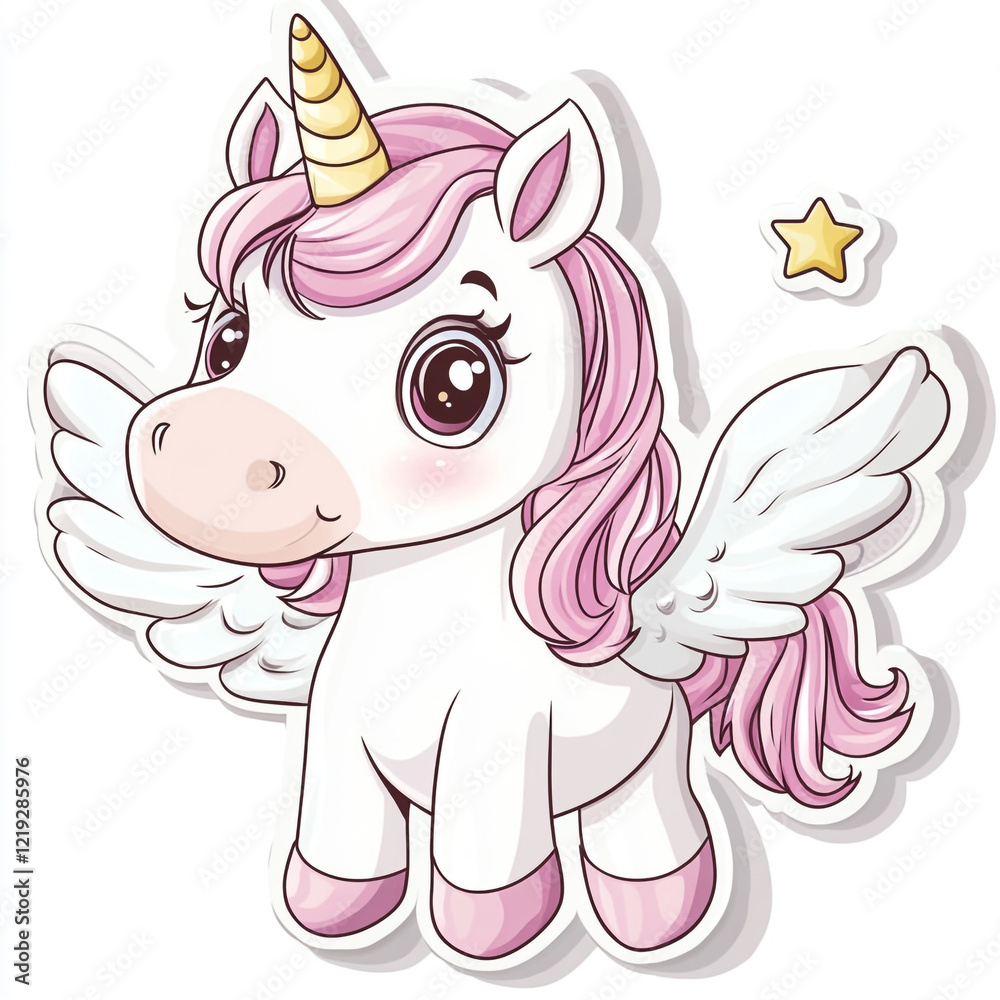 Fototapeta premium A cute cartoon unicorn with pastel colors, wings, and a horn, surrounded by colorful stars, against a white background.