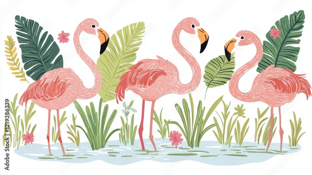 Obraz premium A group of flamingos standing in a pond, with their vibrant pink feathers and elegant necks, on a white isolated background