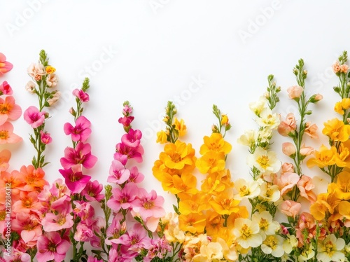 Beautiful, colorful flower border with Snapdragon on a white background, with space for text or design