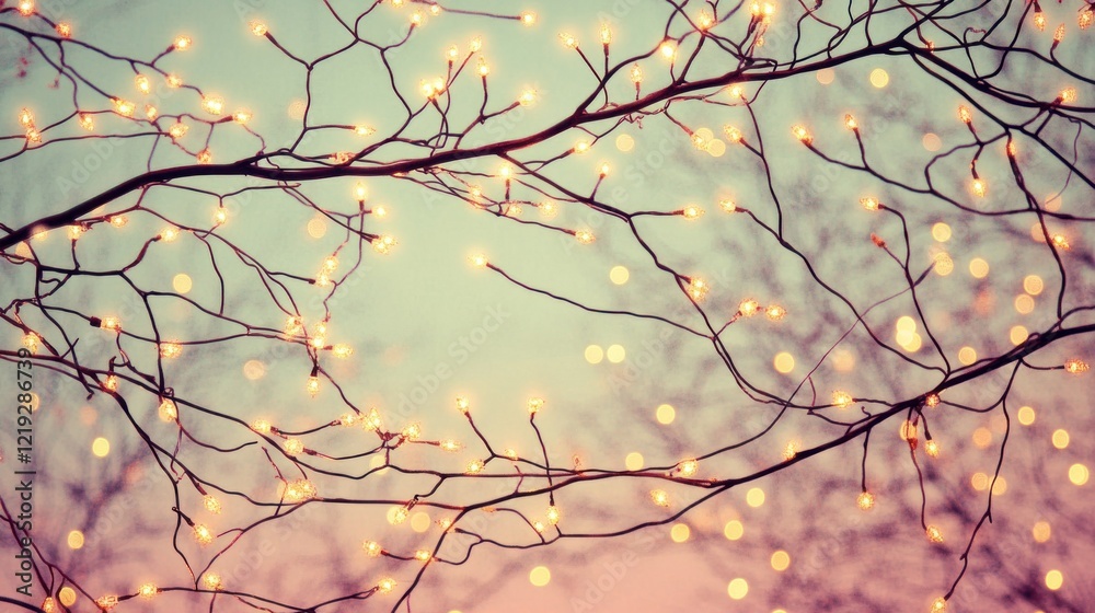 Twinkling fairy lights on bare branches against a soft pastel sky. Twinkling fairy lights on bare branches against a soft pastel sky.