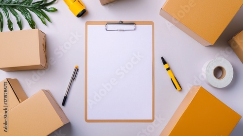 White Clipboard Surrounded by Brown Boxes, Tape, Marker, and Leaf on Light Background for Packaging or Shipping Themes photo