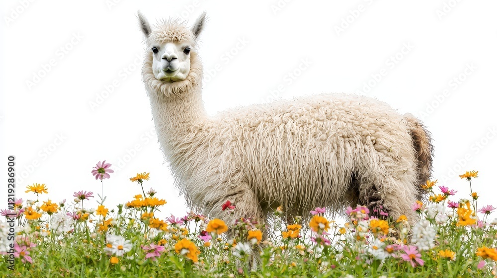 Obraz premium A fluffy white alpaca standing in a field of flowers, with its long fur flowing in the wind, on a white isolated background