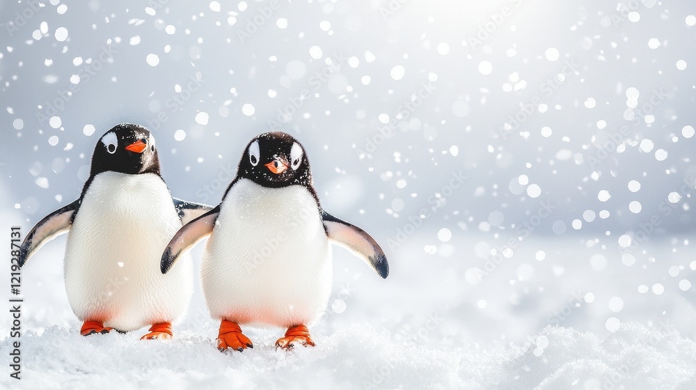 Obraz premium A pair of penguins waddling across the icy landscape, with snowflakes gently falling around them, on a white isolated background