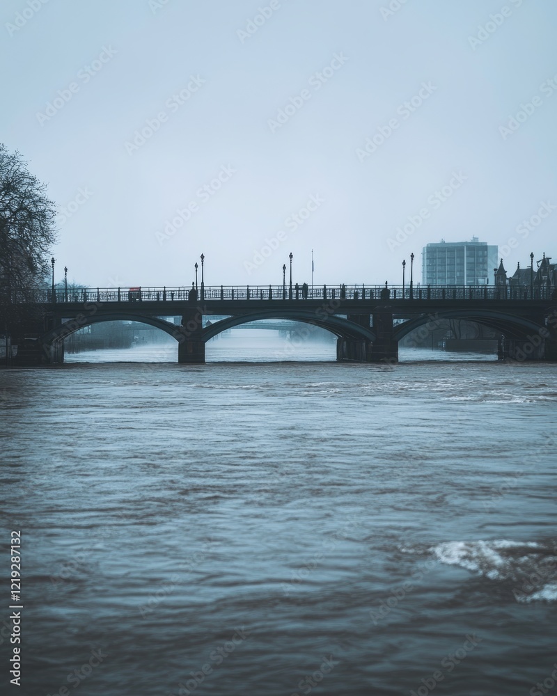Obraz premium Swollen river floods near bridges styled in graybluewhite