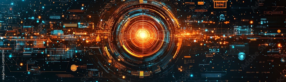 Obraz premium Intricate digital eye with glowing patterns, surrounded by surveillance satellites, drones, and network grids, capturing the essence of modern digital spying
