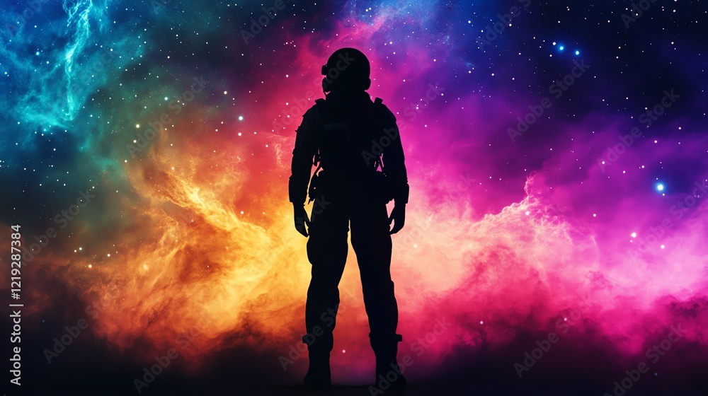 A silhouette of an astronaut against a vibrant cosmic background filled with colors and stars. A silhouette of an astronaut against a vibrant cosmic background filled with colors and stars.