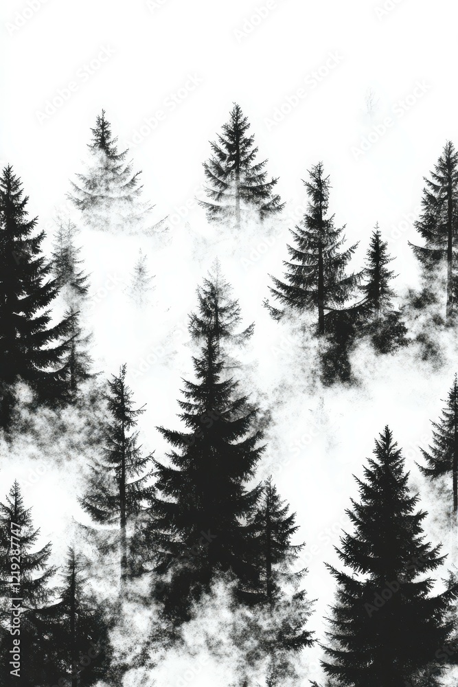 Fototapeta premium Misty forest landscape with towering pine trees at dawn