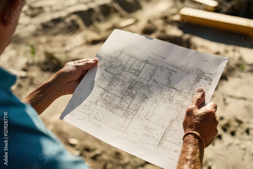 A foreperson holding a building plan on a housing project site, pointing toward construction progress.
