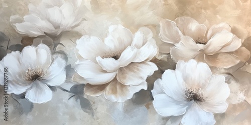 Beige and white floral pattern on a beige background, with a soft texture that resembles the delicate fabric of linen wallpaper. 