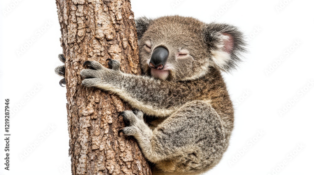 Fototapeta premium A baby koala clinging to a eucalyptus tree, with a sleepy look, on a white isolated background
