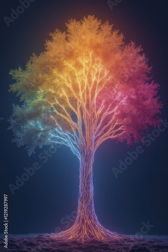 vibrant tree with colorful, glowing branches and roots, symbolizing life and energy