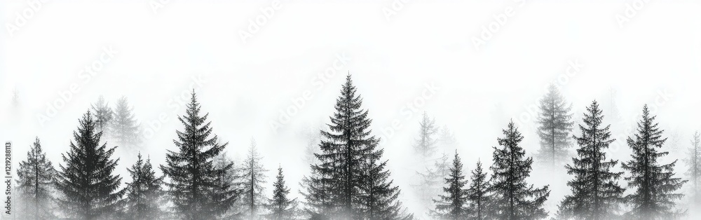 Fototapeta premium Misty forest landscape with evergreen trees at dawn