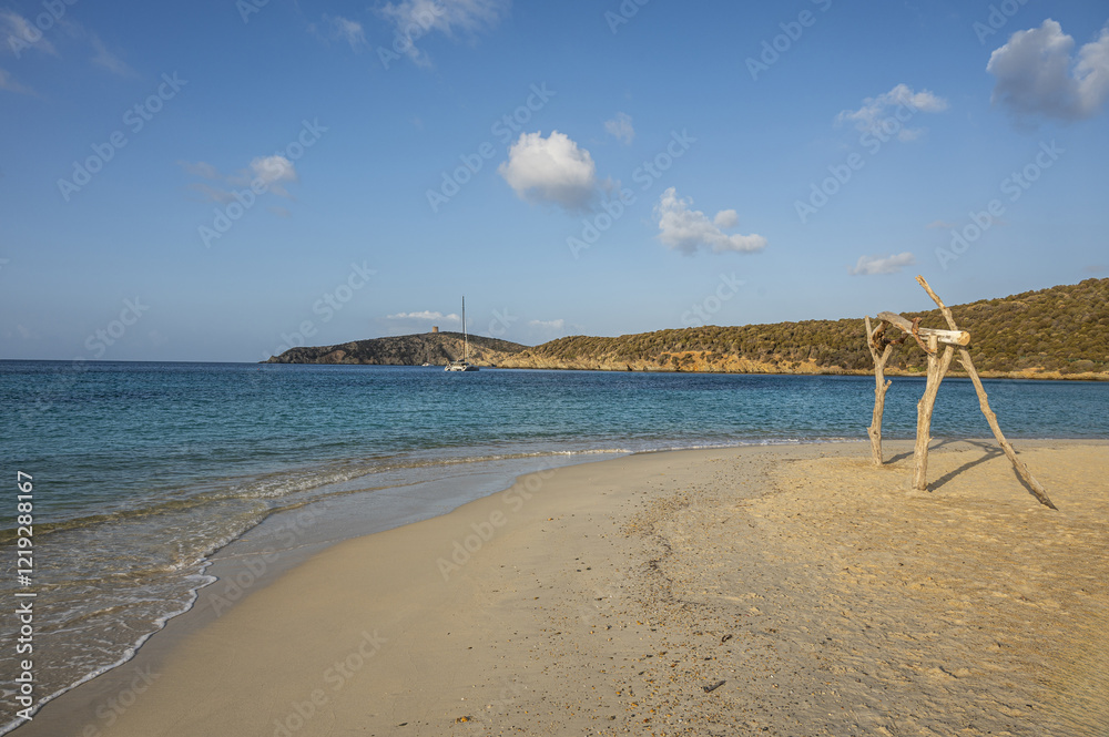 Aerial view of Tuerredda bay with the beach of fine sand and transparent blue and turquoise water