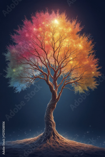 vibrant tree with colorful leaves glowing shades of orange, pink, and blue, set against dark background, creating magical
