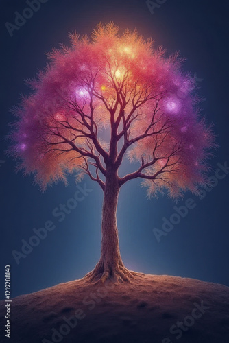 vibrant tree with colorful glowing leaves stands on hill, radiating light. enchanting scene evokes sense of wonder and magic