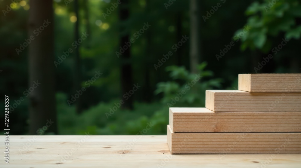 Natural Wooden Blocks Arranged in a Step-like Formation on a Wooden Surface with a Blurred Forest Background Natural Wooden Blocks Arranged in a Step-like Formation on a Wooden Surface with a Blurred Forest Background