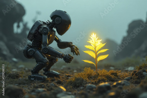 robot nurturing glowing plant in misty environment, symbolizing hope and growth