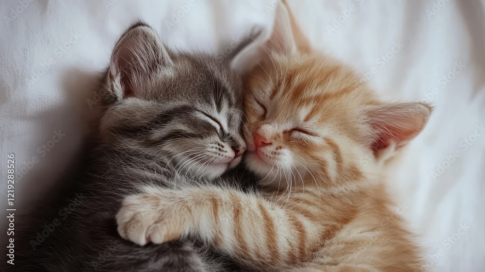 A pair of cute kittens cuddling together, with soft fur and playful eyes, on a white background A pair of cute kittens cuddling together, with soft fur and playful eyes, on a white background