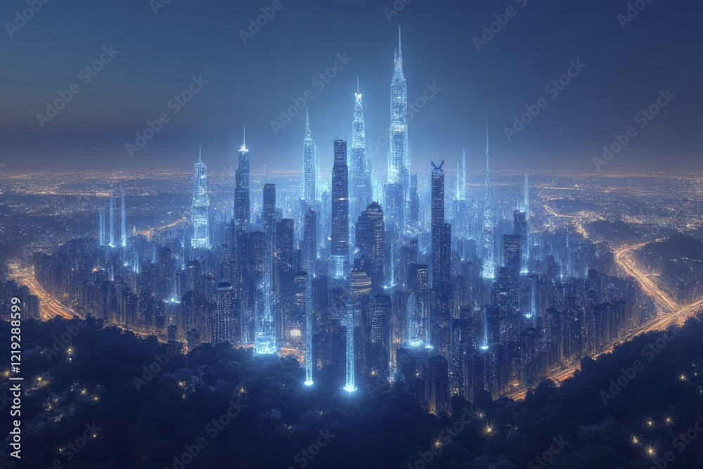 Fototapeta premium futuristic city skyline illuminated at night with glowing skyscrapers and vibrant lights