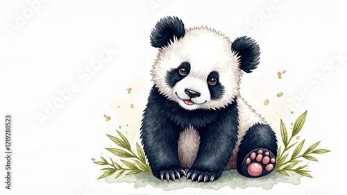 watercolor illustration of a little cute panda for kid's postcars, greeting card. White background, copyspace photo