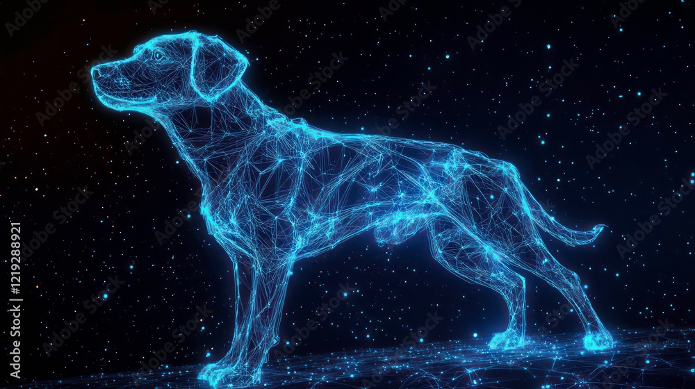 Glowing blue digital dog constellation, standing on dark background. Glowing blue digital dog constellation, standing on dark background.