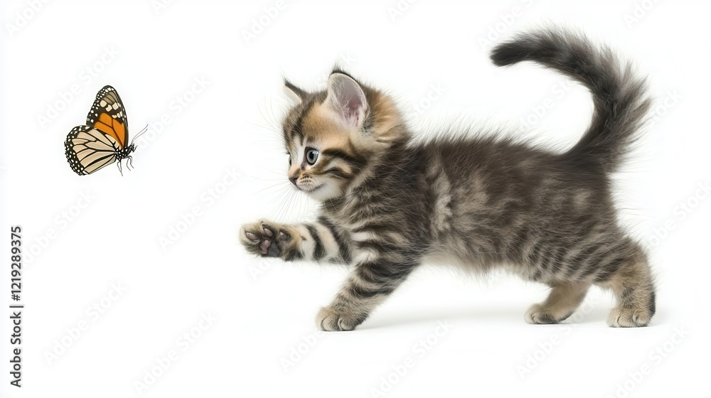 Obraz premium A playful kitten chasing a butterfly in a meadow, with its tail lifted in excitement, on a white isolated background
