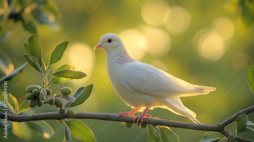 white dove perched on an olive branch, soft green background with natural depth of field and warm light white dove perched on an olive branch, soft green background with natural depth of field and warm light