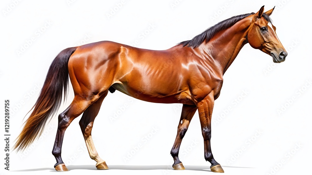 Obraz premium Realistic Brown Racehorse Side Profile, Isolated on White Background - Stock Photo
