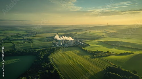 A high-angle shot of a nuclear power station surrounded by vast green fields, highlighting its environmental footprint. photo