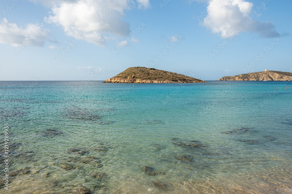 Aerial view of Tuerredda bay with the beach of fine sand and transparent blue and turquoise water