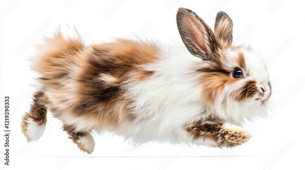 A fluffy bunny rabbit hopping through a garden, with its long ears bouncing, on a white isolated background A fluffy bunny rabbit hopping through a garden, with its long ears bouncing, on a white isolated background