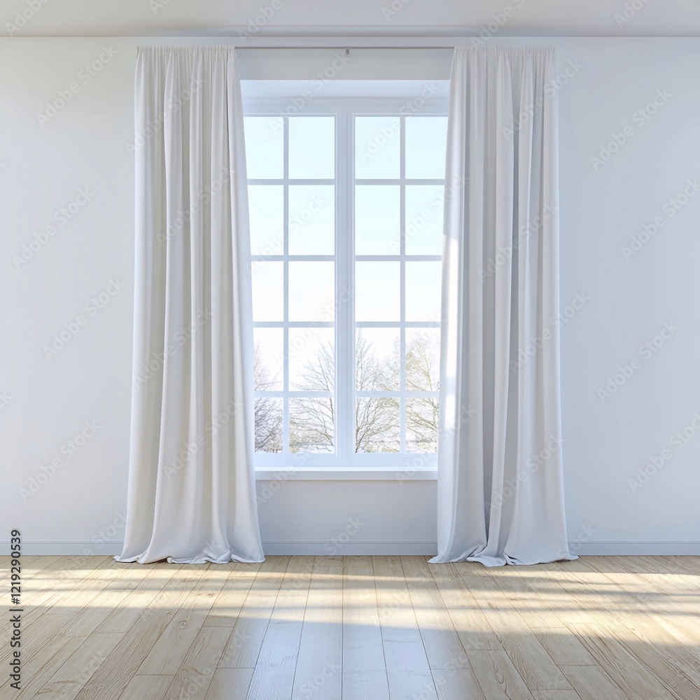 Fototapeta premium empty room with window and curtains, white room empty, rent, housing