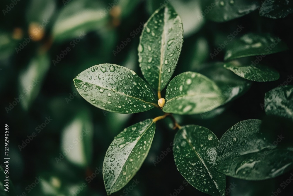 Close-up of water droplets on a green leaf, macro photography, blurred green background Close-up of water droplets on a green leaf, macro photography, blurred green background