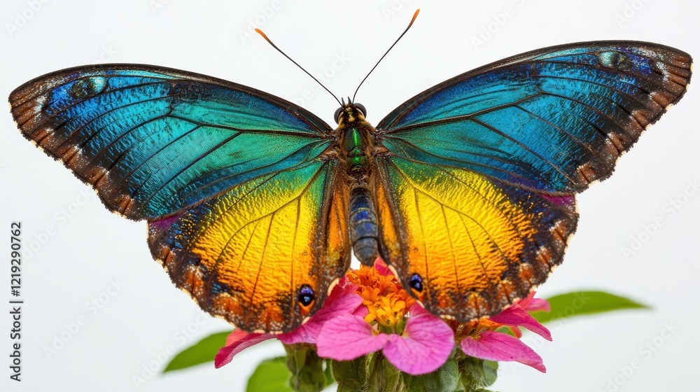 Fototapeta premium A colorful butterfly landing on a flower, with its wings spread wide, on a white isolated background