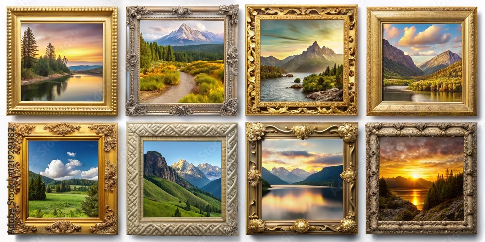 Fototapeta premium Rectangle Frame Borders Set: 7 Elegant Gold & Silver Decorative Photo Frames for Landscape Images