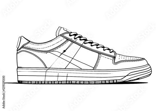 Shoes sneaker outline drawing vector, Sneakers drawn in a sketch style, black line sneaker trainers template outline, vector Illustration.snekar Drawn line art design.
