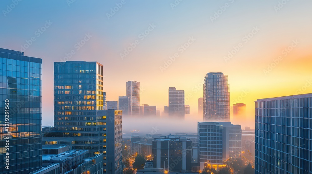 Obraz premium A horizontal view of a corporate district in California, with buildings outlined against the backdrop of a foggy morning.