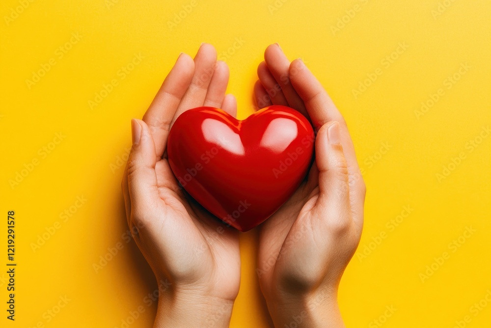 Obraz premium Hands Cradling a Bright Red Heart on a Yellow Background
