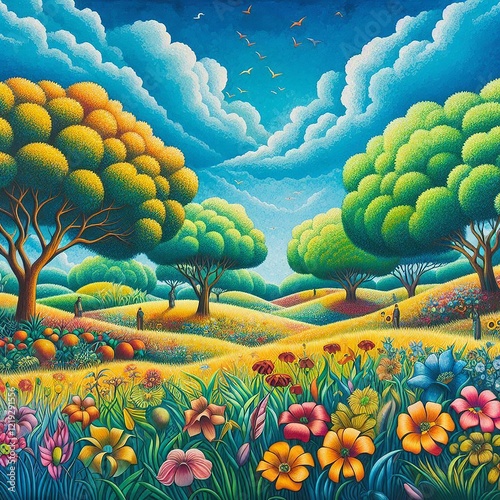 A vibrant meadow in a Mexican muralist style. Made with generative AI