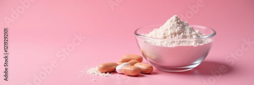 Hormone regulating powder and pills in a glass bowl on a soft pink background, supplements,