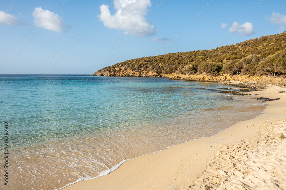Aerial view of Tuerredda bay with the beach of fine sand and transparent blue and turquoise water