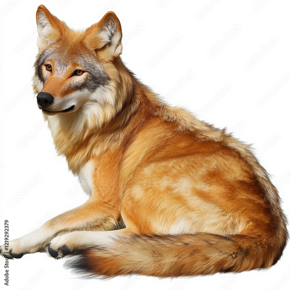Obraz premium Reddish-brown wolf, resting, lush fur, isolated.